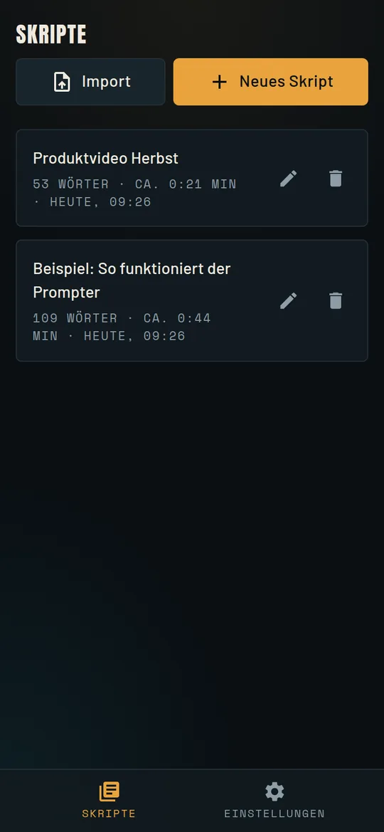 Skript-Übersicht der App mit Import und neuem Skript