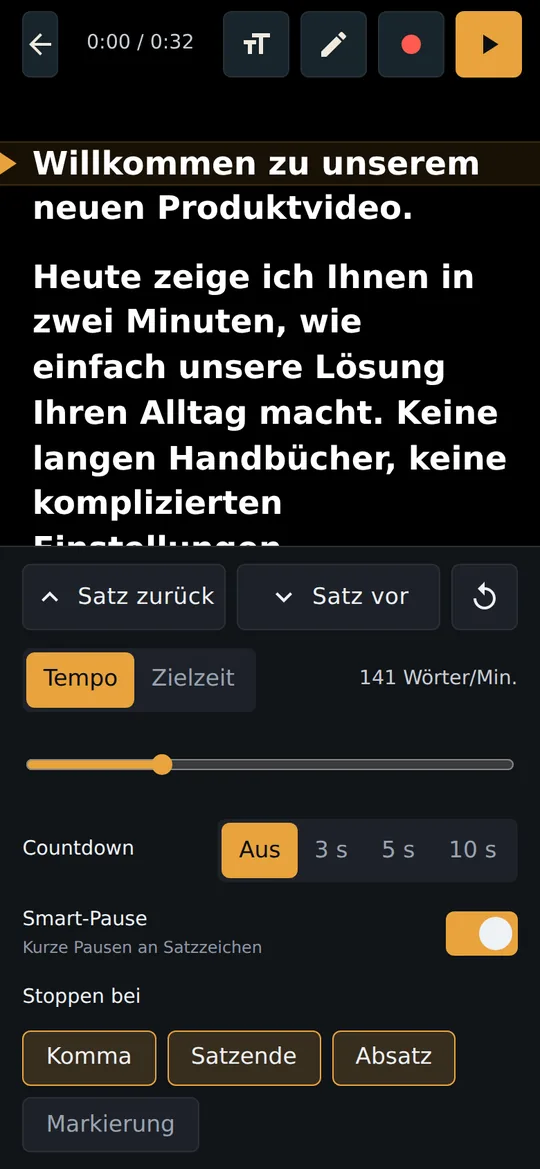 Prompter mit großem Text, Lesemarkierung und Tempo-Einstellung