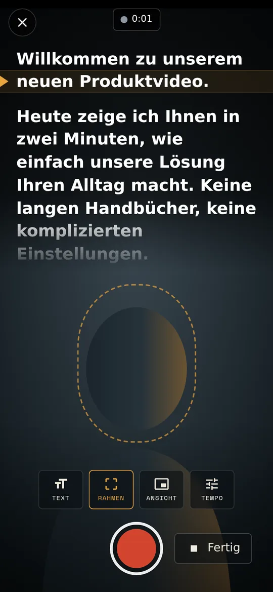 Aufnahme-Studio mit Kamera, Text oben, Gesichtsrahmen und Aufnahmeknopf